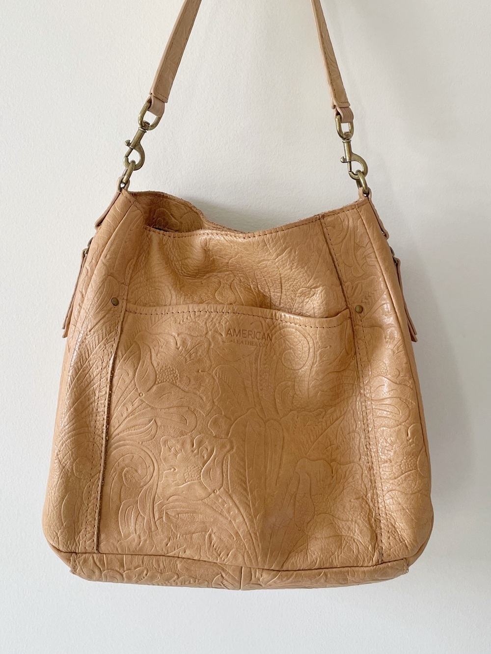 American Leather Co Embossed Tan Leather Shoulder Bag Floral Western Boho